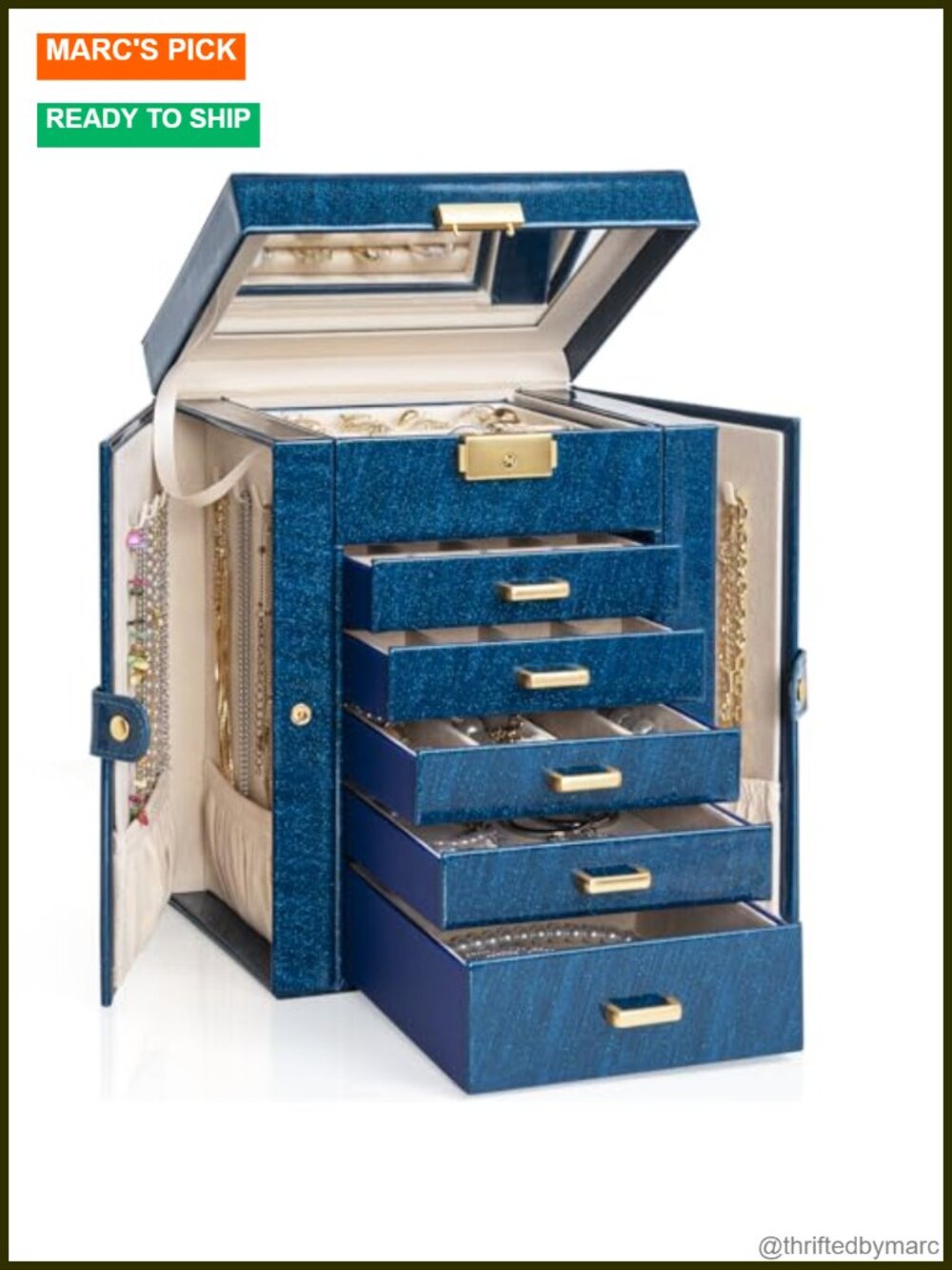 6-Tier Jewelry Box 5 Drawers Mirrored Organizer Faux Leather Velvet Lined